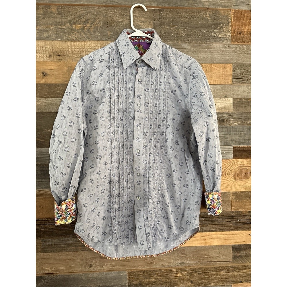 Robert Graham Shirt Mens M Embroidered Tuxedo Pleated Dress Unique Flip Sleeve